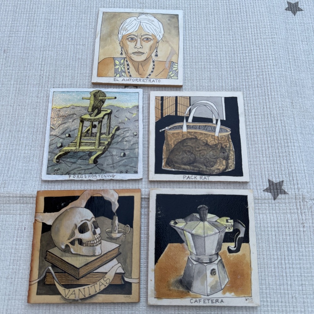 Susan Matthews Mixed Media Wood Art Set 5x5 paintings Vanitas 5pc